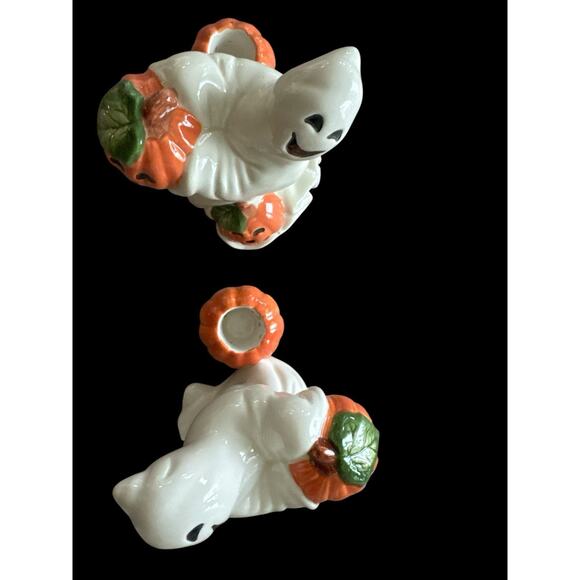 Halloween Fall Pumpkin Ghost Candlestick Holders Pair of 1996 Fitz & Floyd - Picture 5 of 9